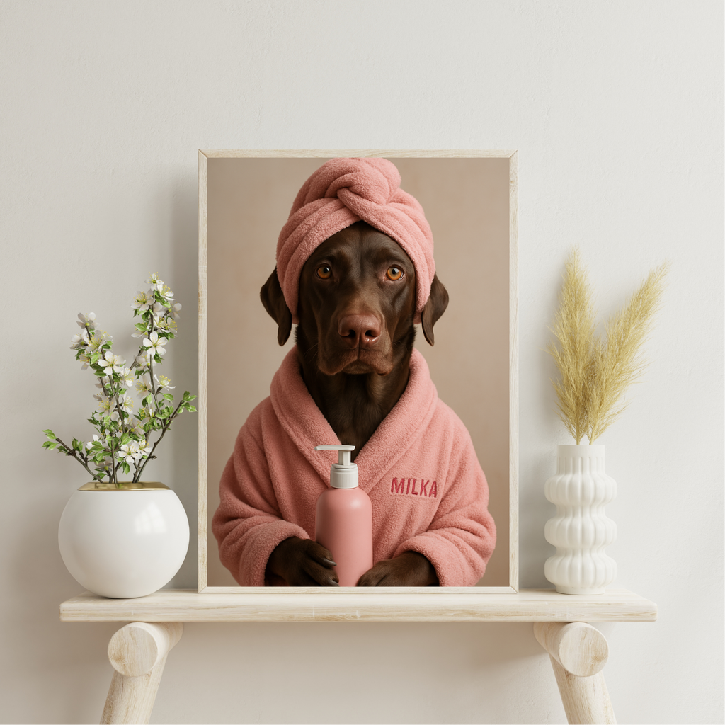 Portrait Animal Personnalisé Spa – Poster Chien ou Chat avec Peignoir et Prénom (Rose ou Bleu)