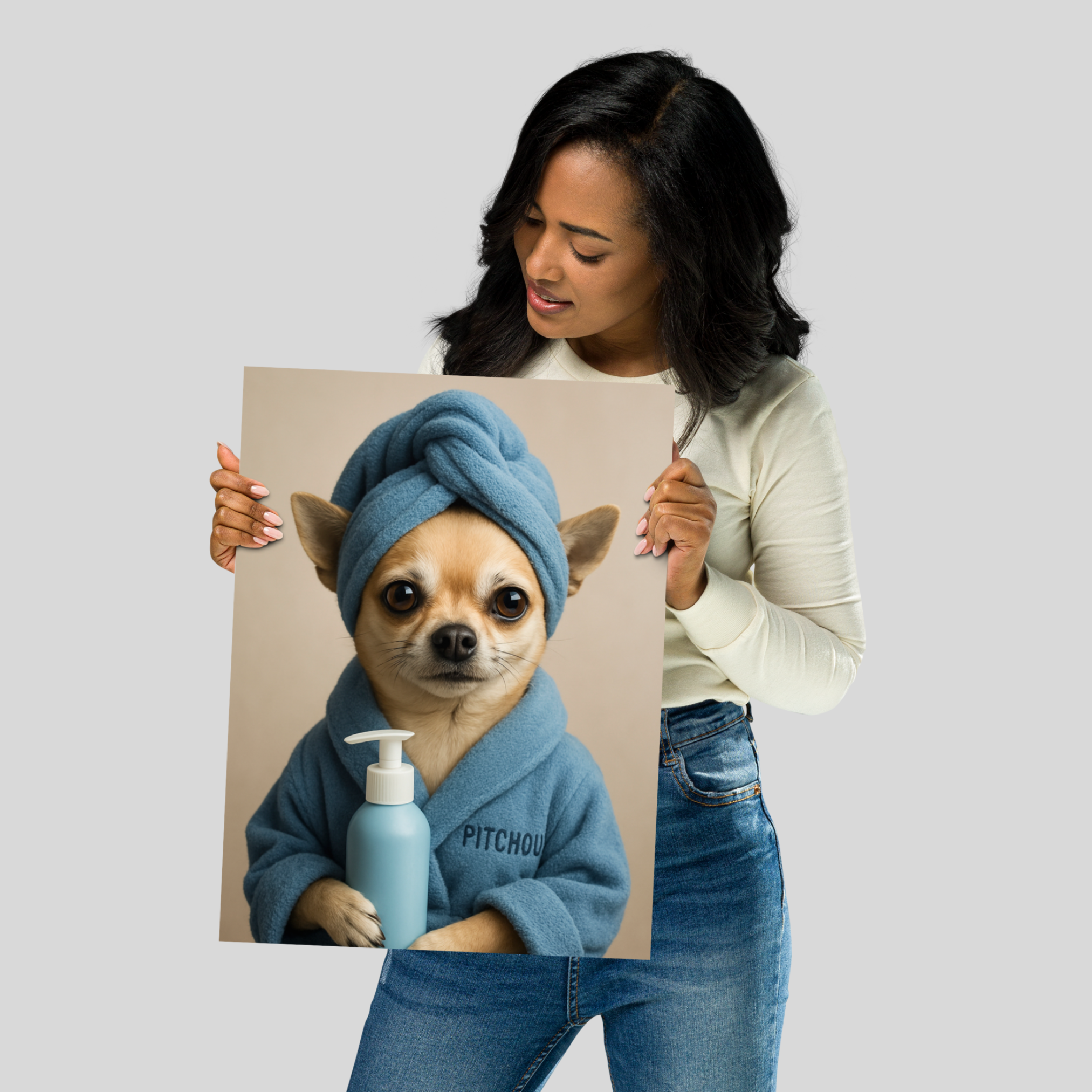 Portrait Animal Personnalisé Spa – Poster Chien ou Chat avec Peignoir et Prénom (Rose ou Bleu)