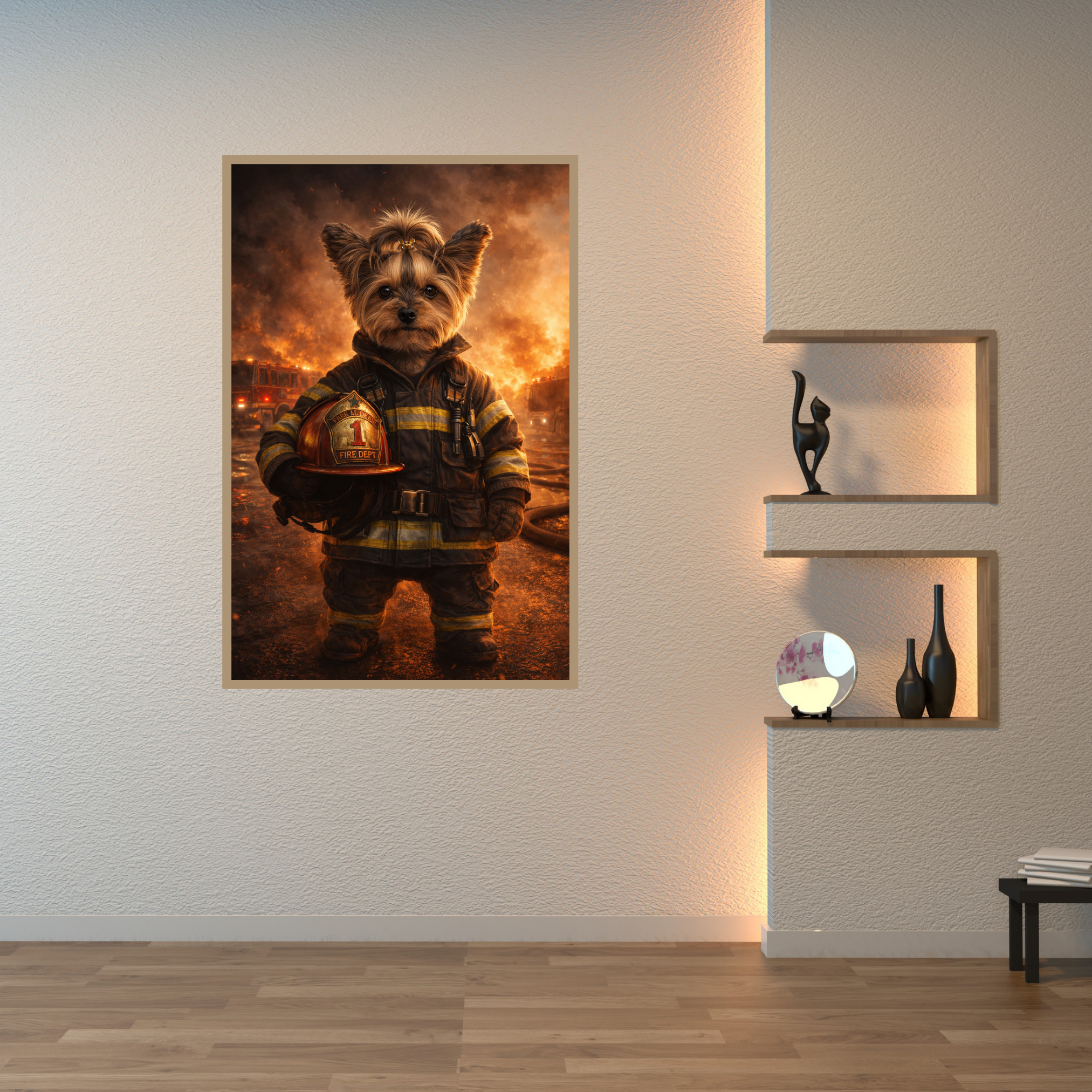 Portrait Chien Personnalisé Pompier – Poster Animal Héros Style Cinéma Feu et Action