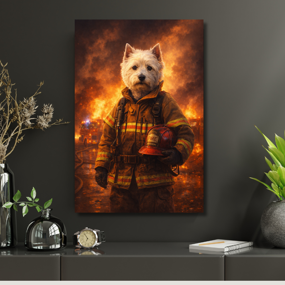 Portrait Chien Personnalisé Pompier – Poster Animal Héros Style Cinéma Feu et Action