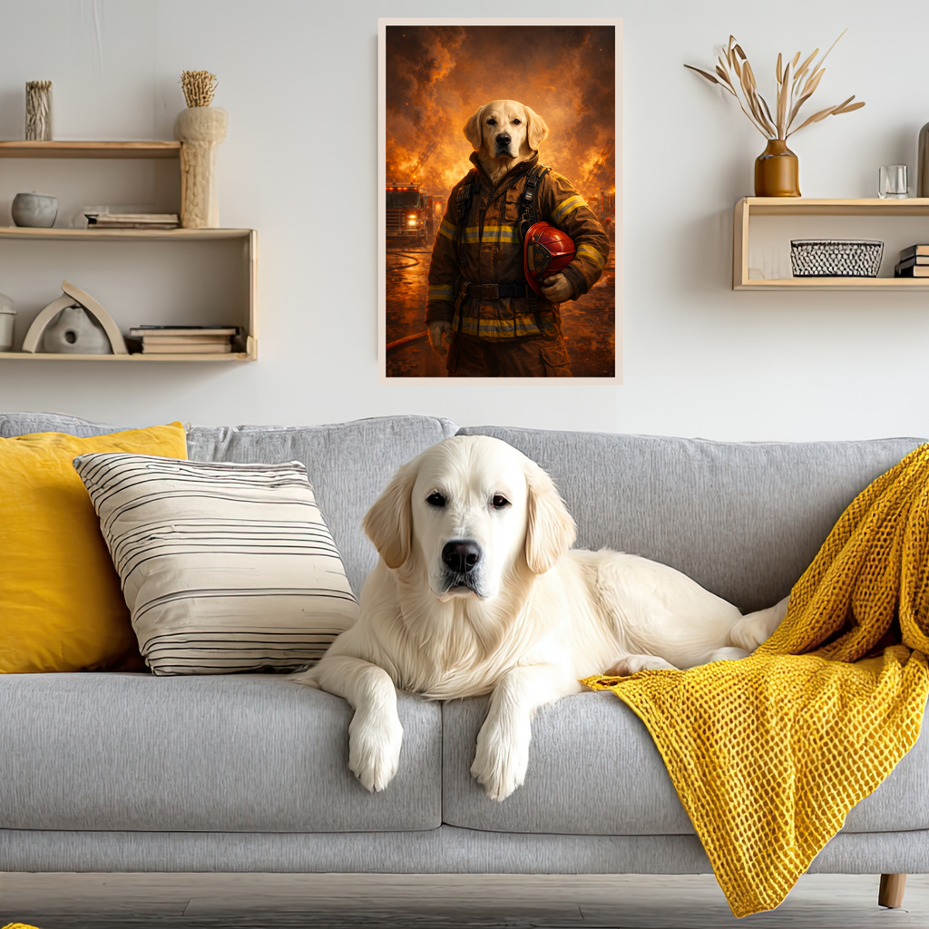 Portrait Chien Personnalisé Pompier – Poster Animal Héros Style Cinéma Feu et Action