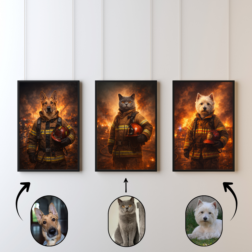 Portrait Chien Personnalisé Pompier – Poster Animal Héros Style Cinéma Feu et Action