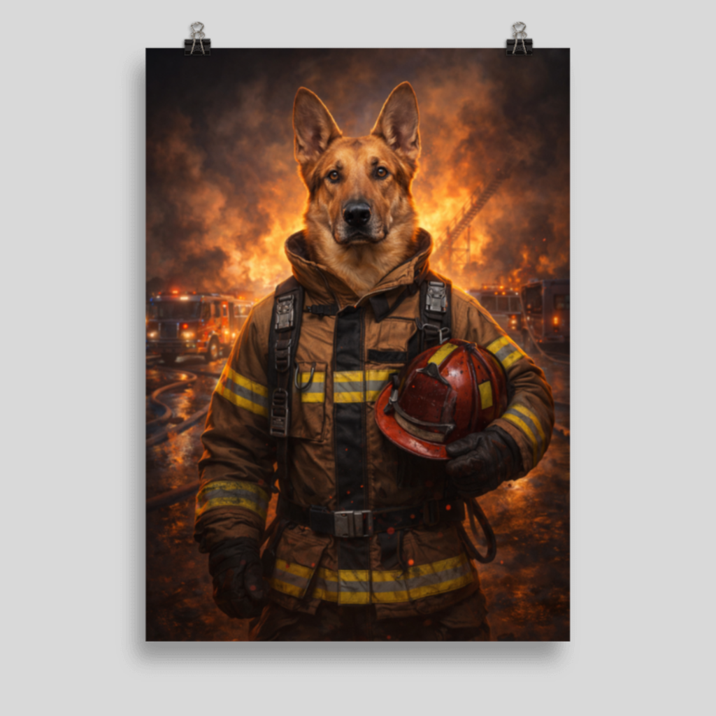 Portrait Chien Personnalisé Pompier – Poster Animal Héros Style Cinéma Feu et Action
