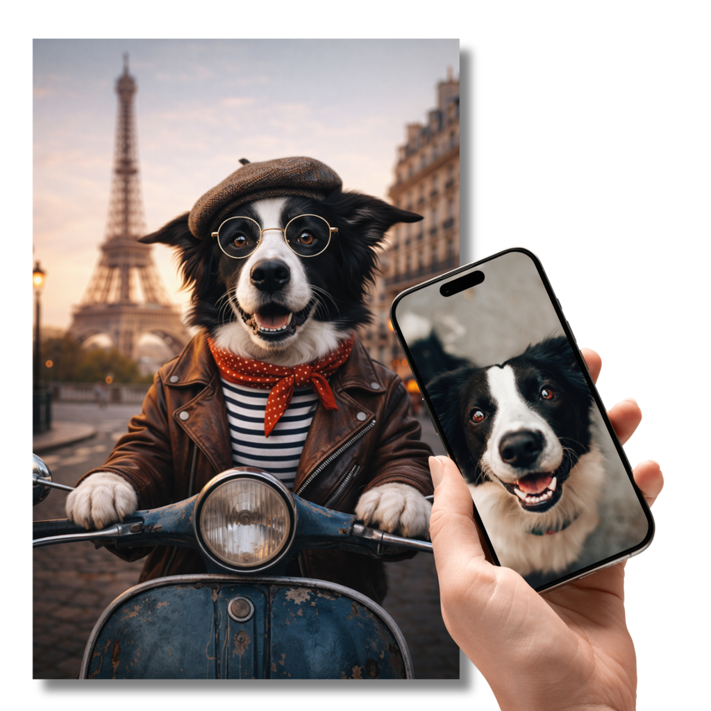 Portrait Chien Personnalisé Paris – Poster Animal Style Chic Français Scooter et Tour Eiffel
