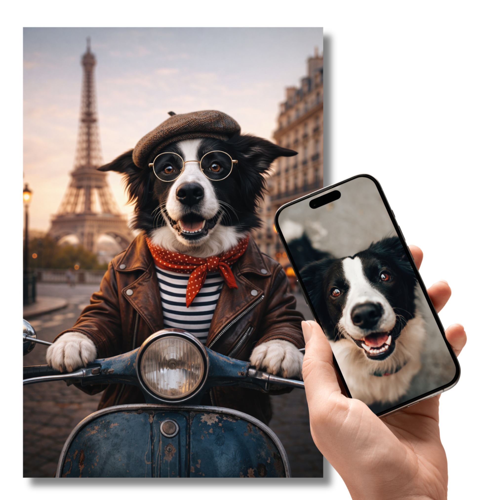 Portrait Chien Personnalisé Paris – Poster Animal Style Chic Français Scooter et Tour Eiffel
