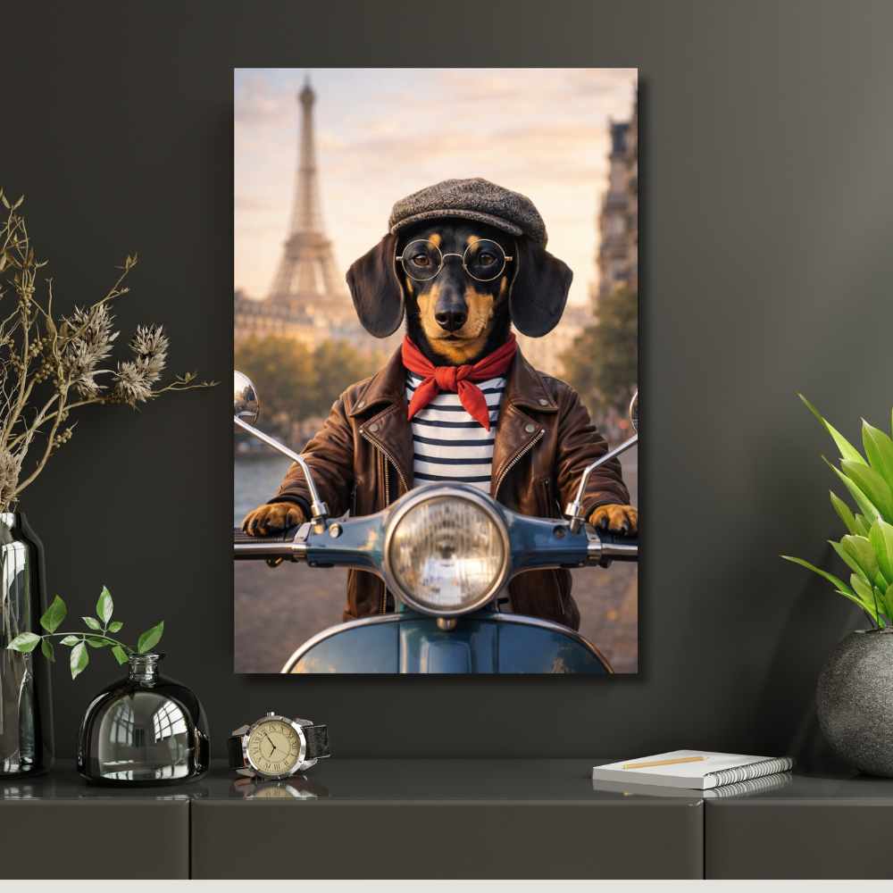 Portrait Chien Personnalisé Paris – Poster Animal Style Chic Français Scooter et Tour Eiffel