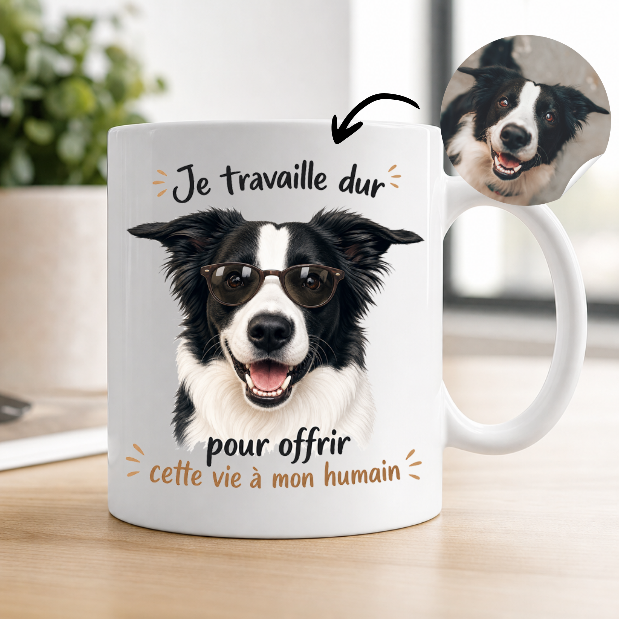 Mug personnalisé avec votre chien ou chat – « Je travaille dur pour offrir cette vie à mon humain » | Cadeau original pour amoureux des animaux