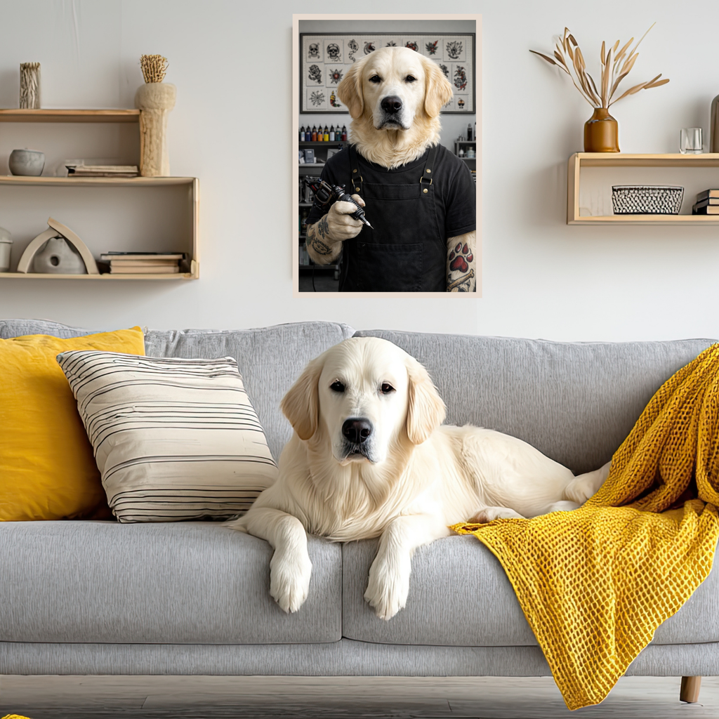 Portrait Animal Personnalisé Tatoueur – Poster Chien ou Chat Style Studio Tattoo Moderne