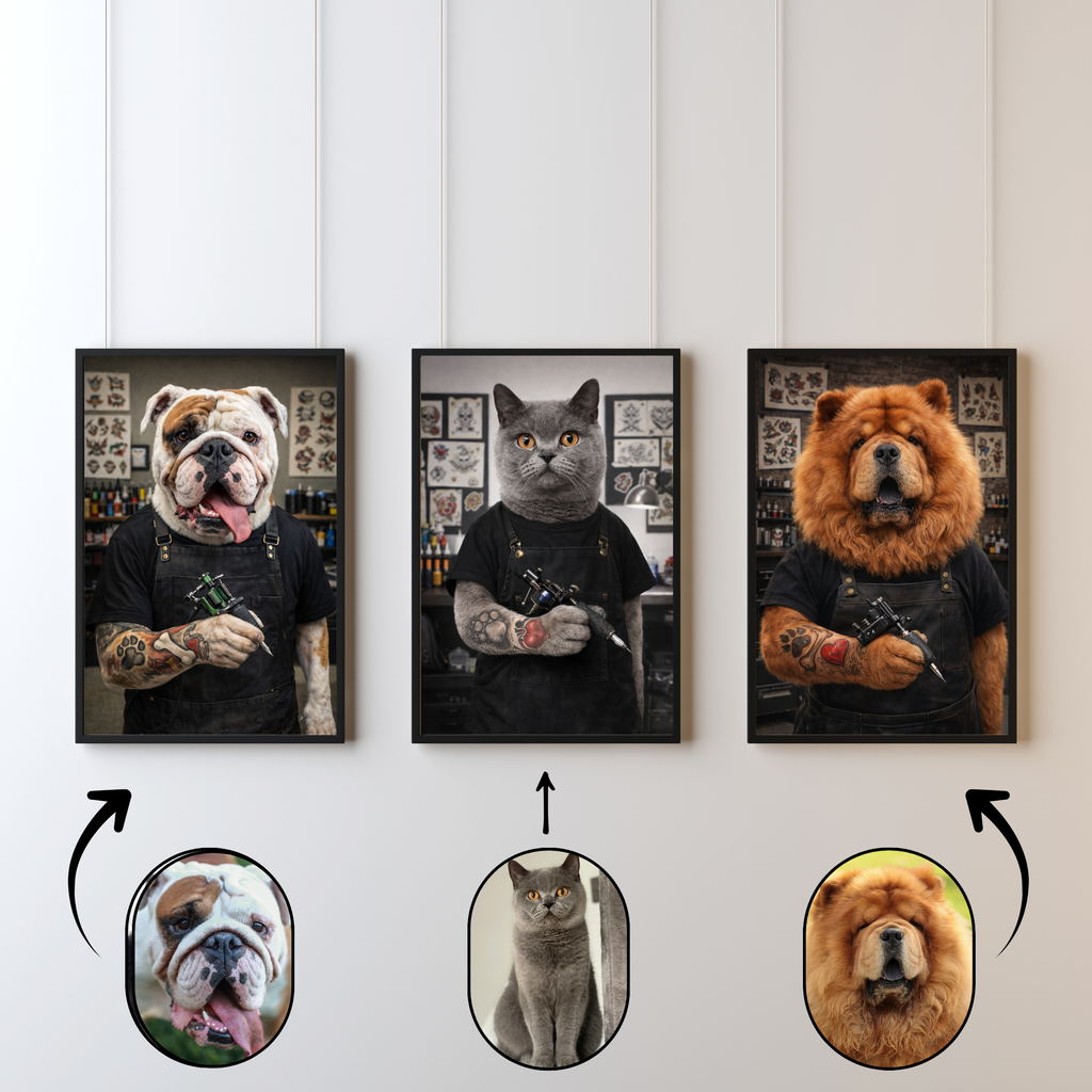 Portrait Animal Personnalisé Tatoueur – Poster Chien ou Chat Style Studio Tattoo Moderne