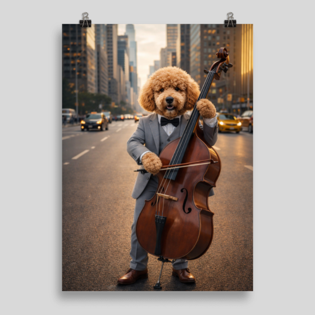 Portrait Animal Personnalisé Musicien – Poster Chien ou Chat Style Jazz Élégant Contrebasse
