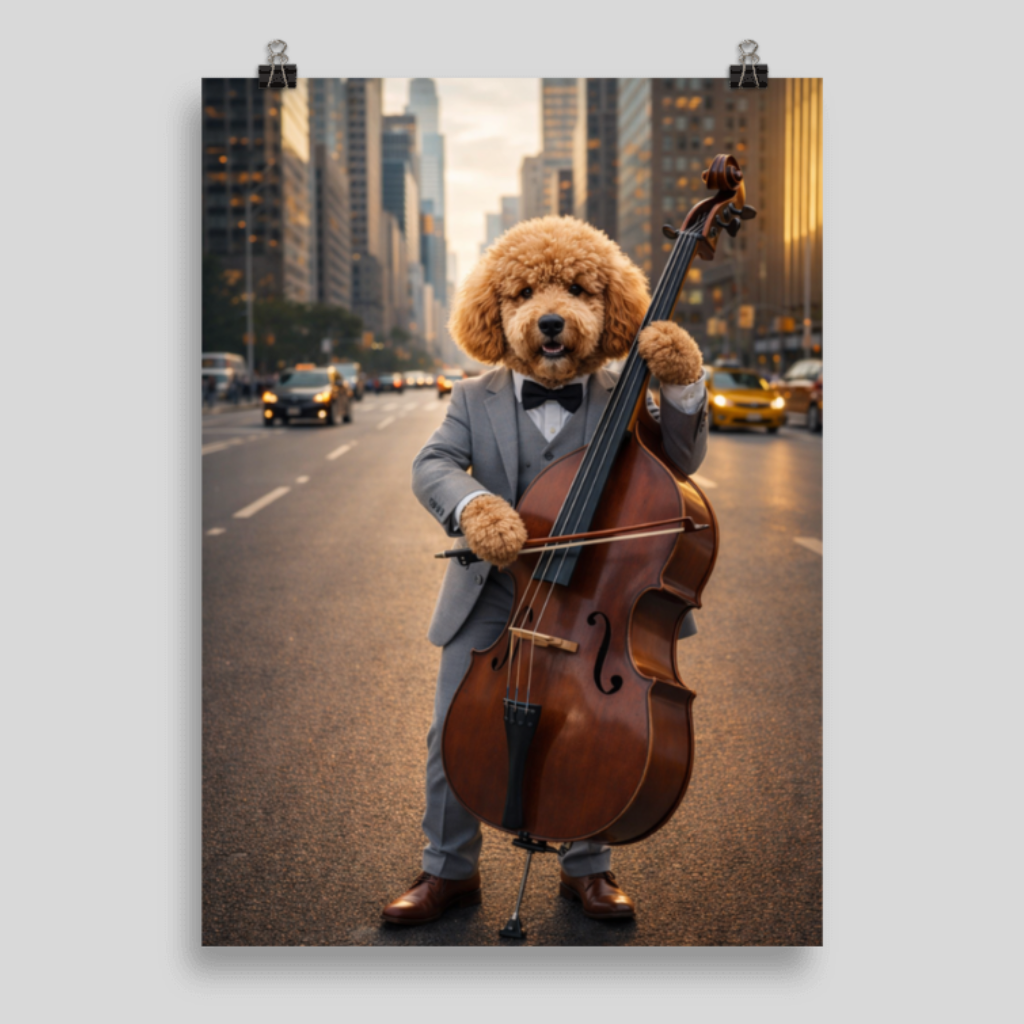 Portrait Animal Personnalisé Musicien – Poster Chien ou Chat Style Jazz Élégant Contrebasse