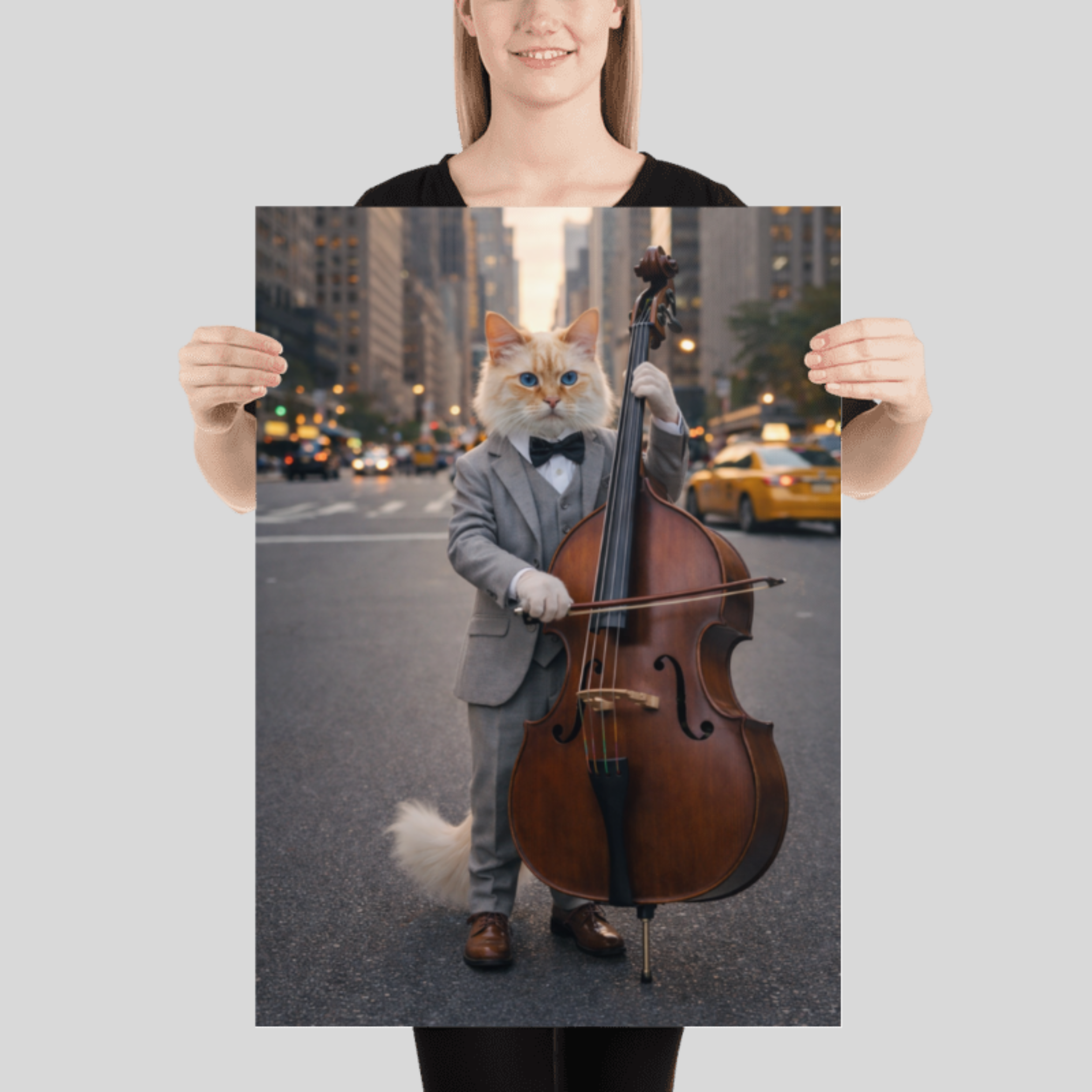 Portrait Animal Personnalisé Musicien – Poster Chien ou Chat Style Jazz Élégant Contrebasse