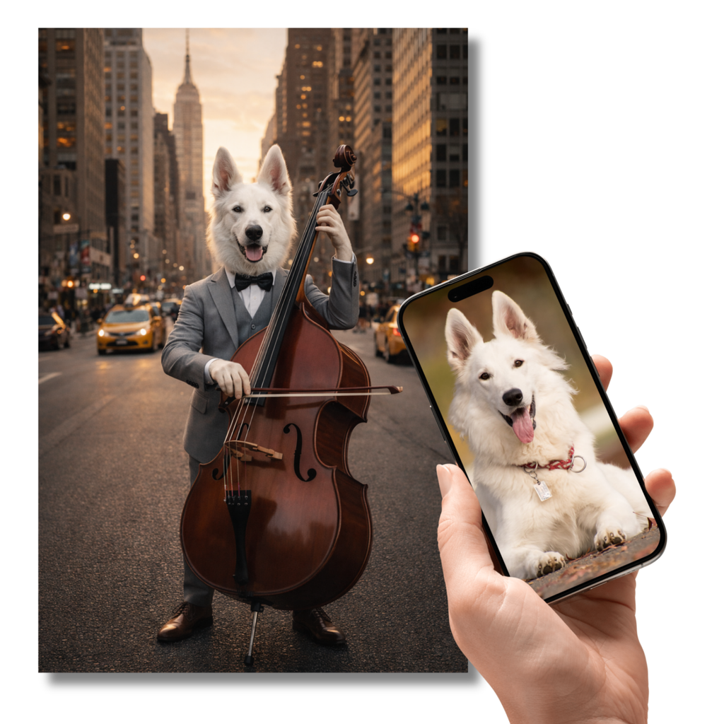 Portrait Animal Personnalisé Musicien – Poster Chien ou Chat Style Jazz Élégant Contrebasse
