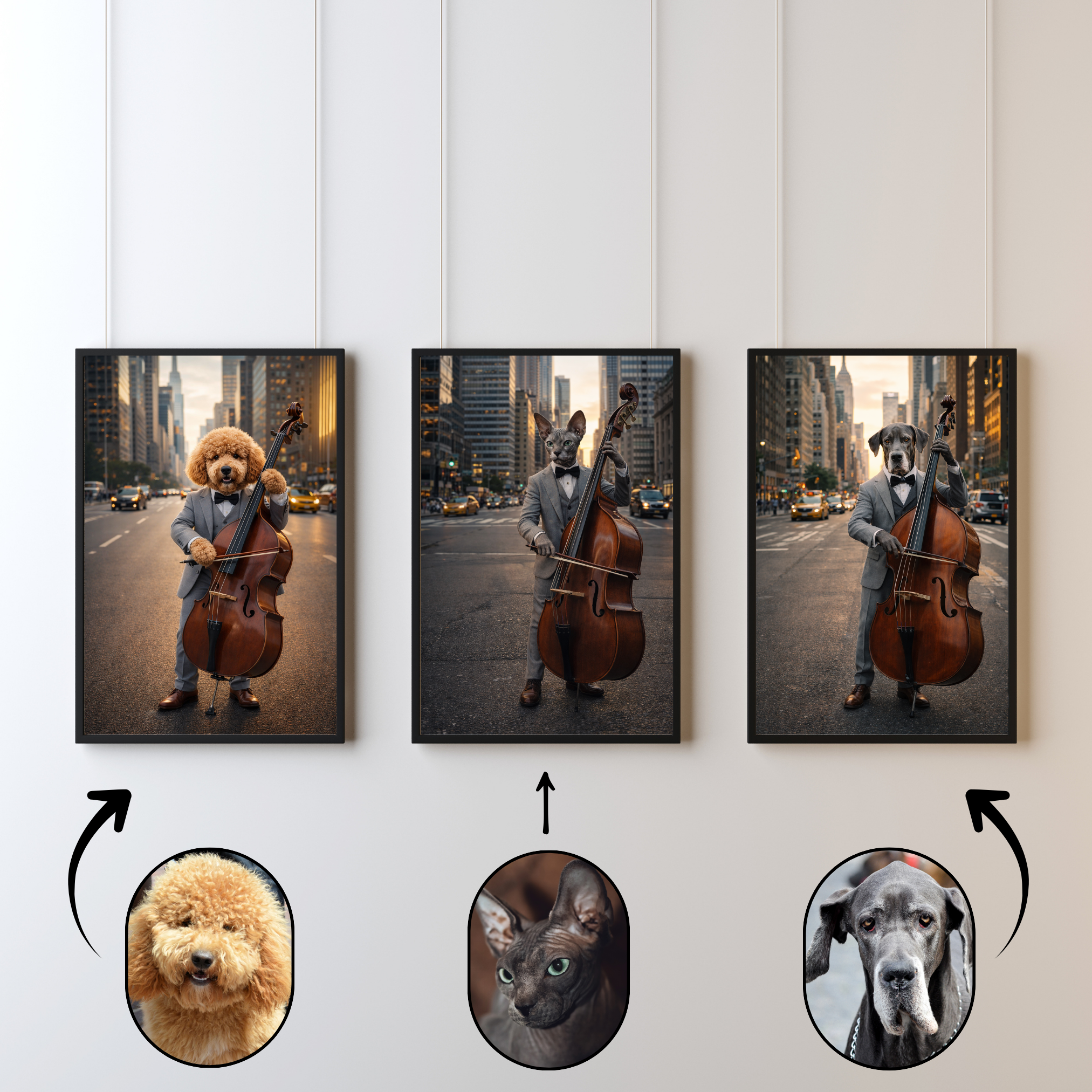 Portrait Animal Personnalisé Musicien – Poster Chien ou Chat Style Jazz Élégant Contrebasse
