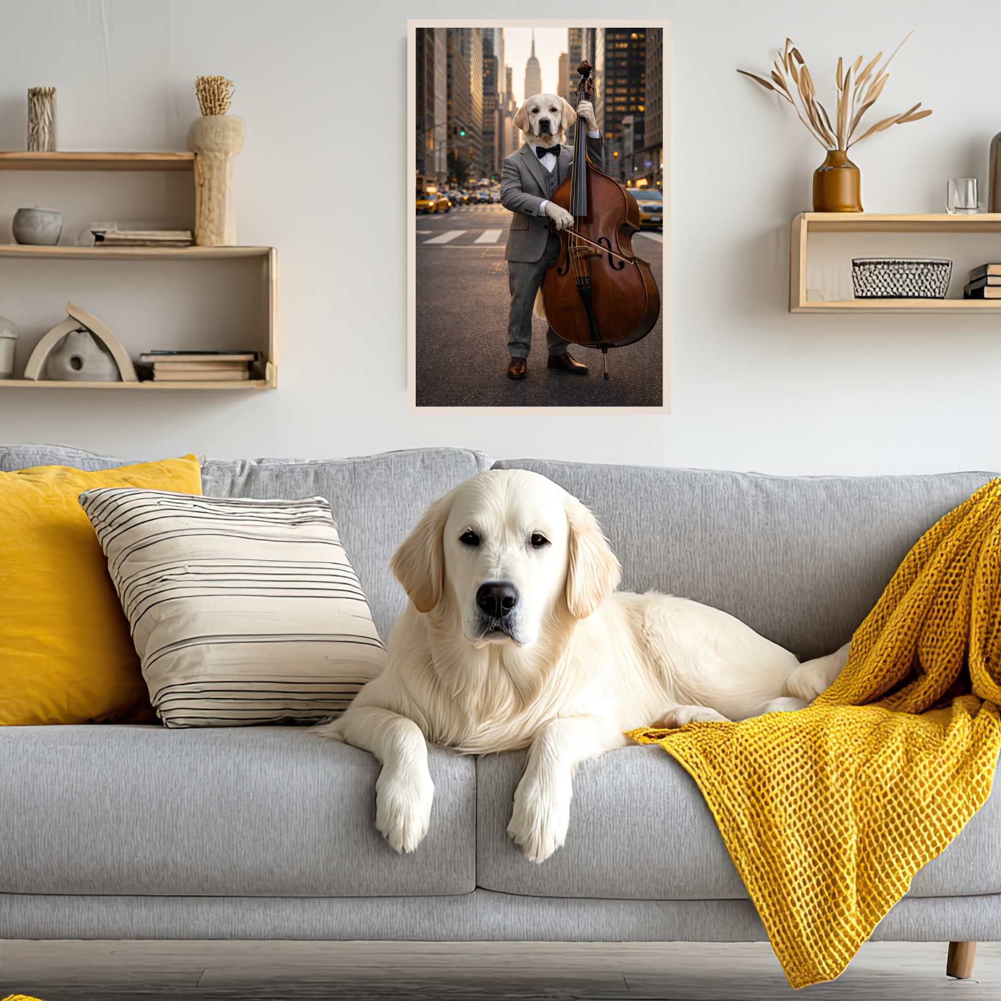 Portrait Animal Personnalisé Musicien – Poster Chien ou Chat Style Jazz Élégant Contrebasse