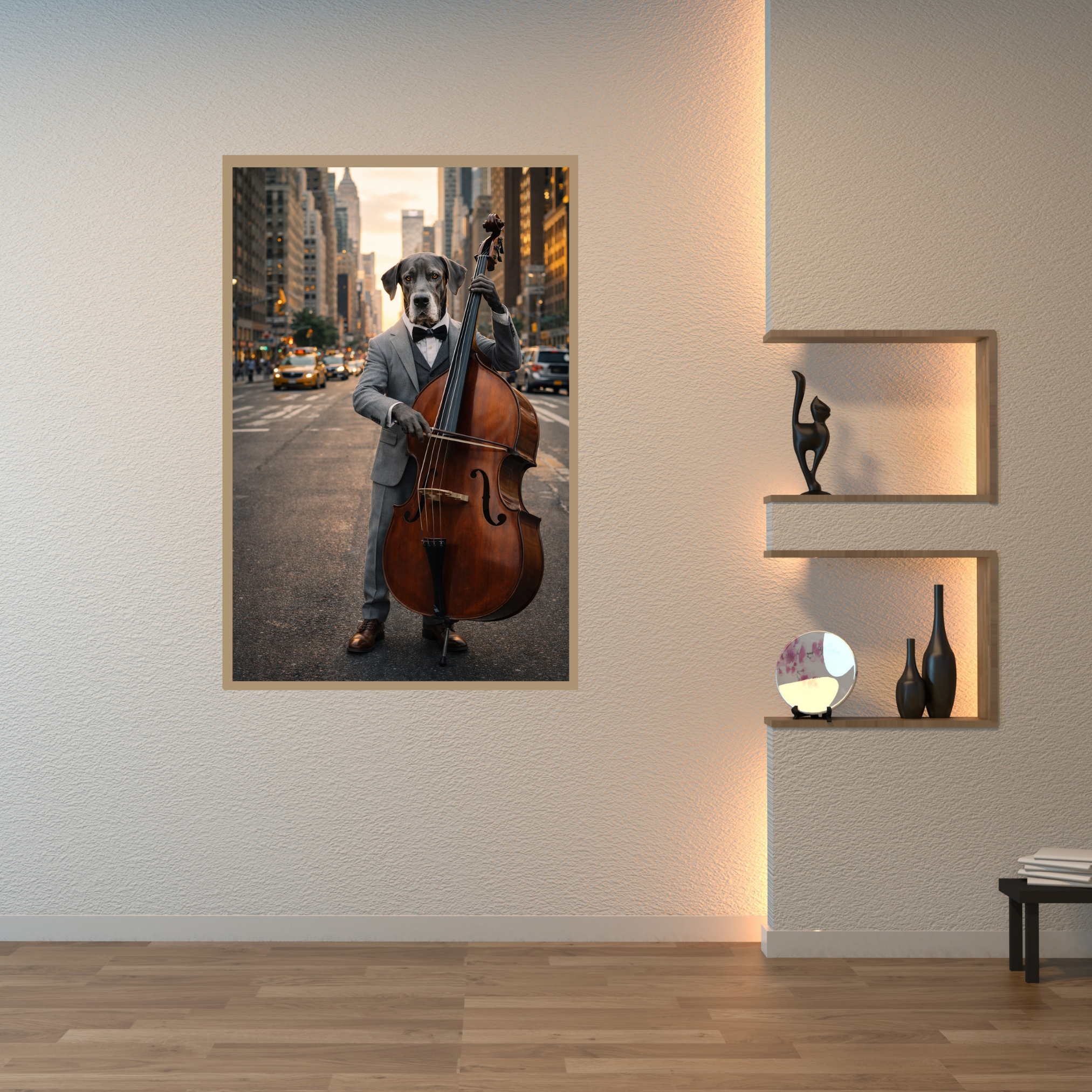 Portrait Animal Personnalisé Musicien – Poster Chien ou Chat Style Jazz Élégant Contrebasse