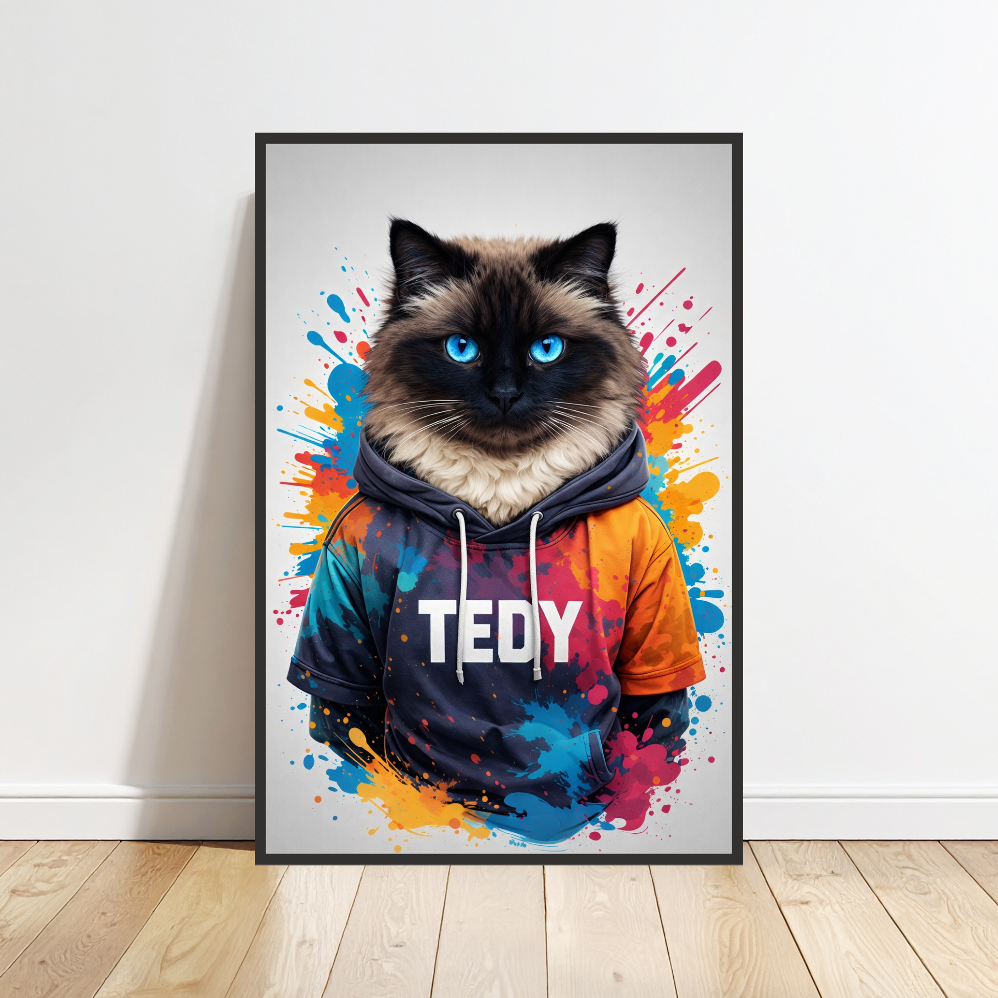 Portrait Chat Personnalisé Hoodie Coloré – Poster Animal Style Moderne Street Art avec Prénom
