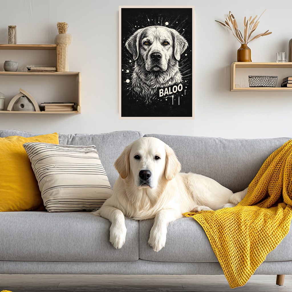 Poster Animal Personnalisé avec Prénom – Portrait Artistique Noir et Blanc Chien ou Chat