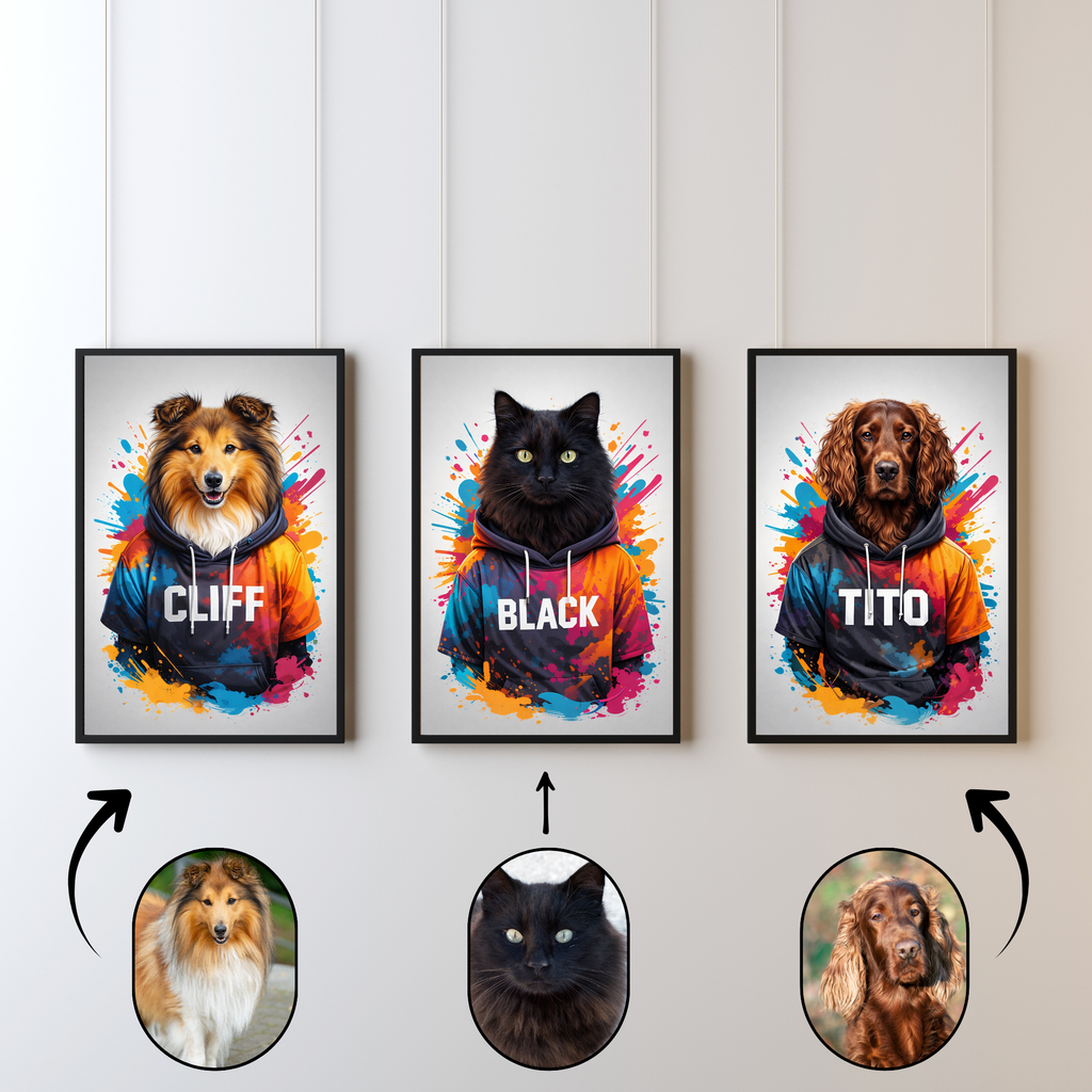 Portrait Chat Personnalisé Hoodie Coloré – Poster Animal Style Moderne Street Art avec Prénom