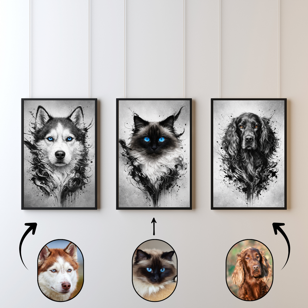 Poster Animal Personnalisé Artistique – Portrait Moderne Noir et Blanc Chien ou Chat